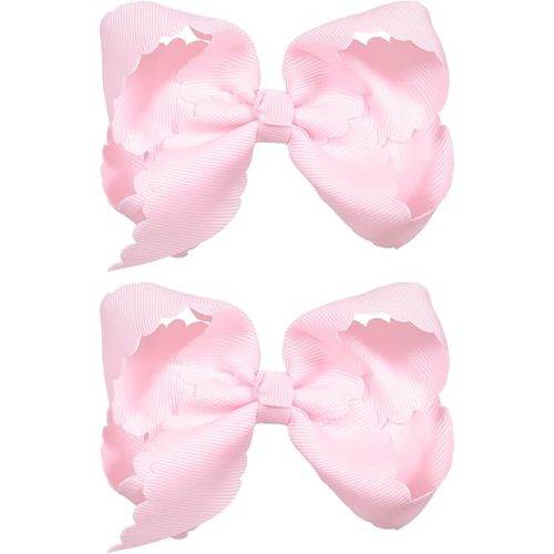 Pink Grosgrain Ribbon Hair Bow with Scalloped Edges for Girls,4" Handmade Everyday Dressy Hair Bow Clips Valentines Wedding Birthday Dress Accessories Gift for Toddlers Teens Women
