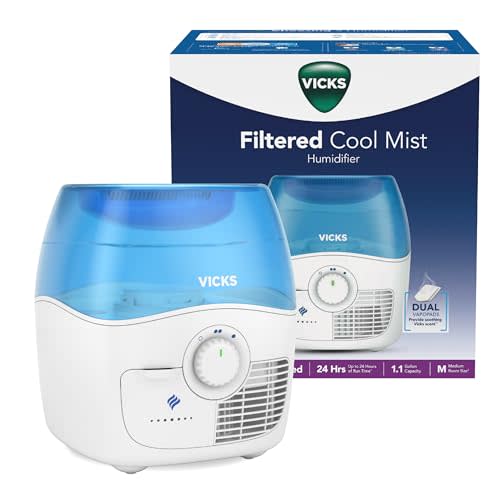 Vicks Filtered Cool Mist Humidifier, Medium Room, 1.1 Gal. Tank, Blue/White | Medium Room Size, Humidifier for Baby and Kids Rooms, Bedrooms and More, Works with Vicks VapoPads