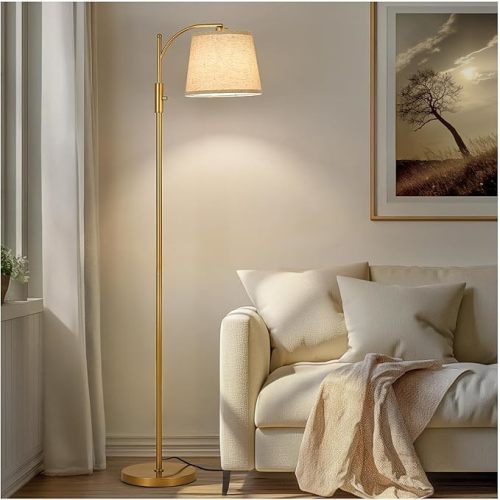 AIDENOEY Fully Dimmable Floor Lamp for Living Room,Standing Lamp Rotary Switch with Linen Beige Shade,Golden Tall Lamps for Bedroom with Adjust Head,9W LED Bulb Included