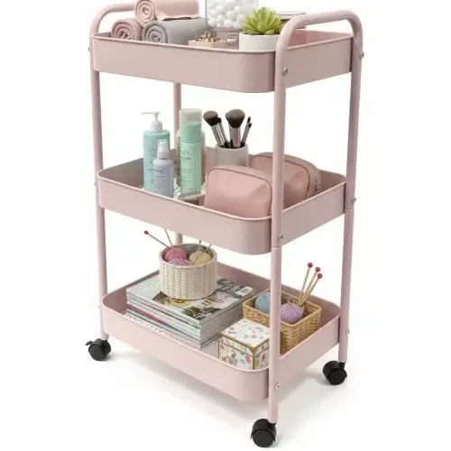 Bathroom Organizer,This three-tiered rolling trolley features lockable wheels and is a multi-functional storage and organization trolley suitable for kitchens, bathrooms, garages, baby diapers, crafts, art supplies, teacher supplies, and more. Pink - TikT