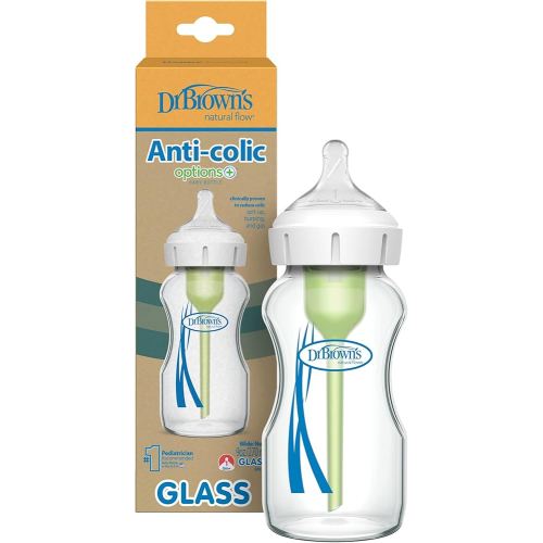 Dr. Brown's Natural Flow Anti-Colic Options+ Wide-Neck Glass Baby Bottle 9 oz/270 mL,with Level 1 Slow Flow Nipple,1 Pack,0m+