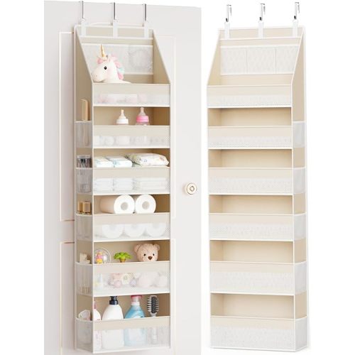 Criusia Over the Door Organizer, 6-Shelf Closet Hanging Storage with 13 Mesh Pockets, 55lbs Capacity Behind the Door Storage for Baby Nursery, Bathroom, Bedroom, and Dorm, Beige