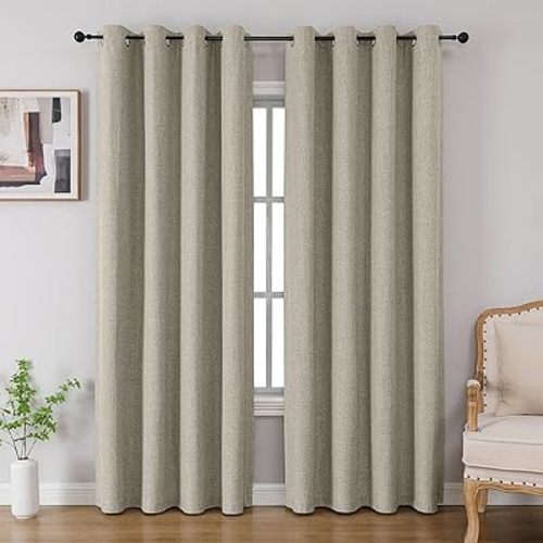 CUCRAF 100% Blackout Curtains 72 inches Length 2 Panels Set, Room Darkening Linen Textured Curtain Grommet for Bedroom Living Room, Light Blocking Thermal Insulated Drapes (52 x 72 Inch,Light Beige)
