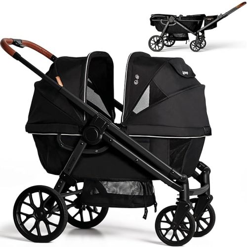 Wagon Stroller for 2 Kids, All-Terrain with Removable UV-Protection Canopy , Adjustable Push/Pull Handle, Snack Tray & Cup Holders, Perfect for Baby and Toddler（Black)