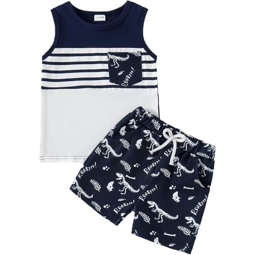 Toddler Baby Boy Clothes Boys Summer Outfits Sleeveless Striped Dinosaur T-Shirt & Shorts Set 2Pcs