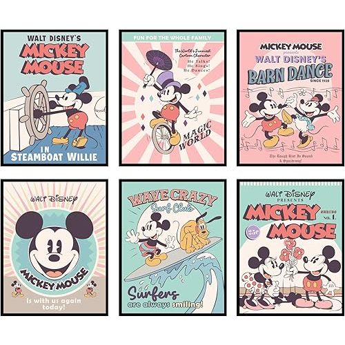 BigWig Prints Mickey Mouse Art - Wall Decor, Mickey Mouse Room Decor For Kids, Classic Movie Artwork, Nursery Wall Art, Vintage Collection - Unframed Set of 6 (8x10)