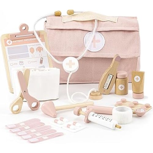 Wooden Doctor Play Set for Toddlers - A Complete Durable Pretend Play Medical Kit for Kids 3-5 with Realistic, Non-Toxic Tools & Carrying Case