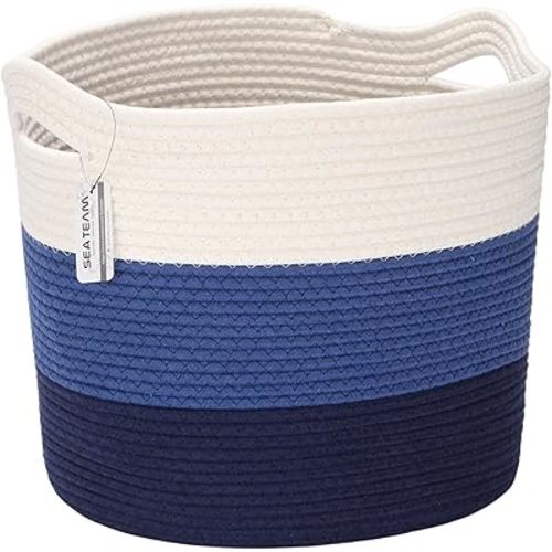 Sea Team Oval Large Cotton Rope Woven Storage Basket with Handles, Diaper Caddy, Baby Shower Basket, Nursery Nappies, Clothes Toys Organizer for Kid's Room, 16 x 13 inches, White & Navy