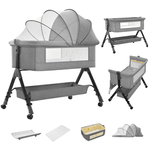 Baby Bassinet,Portable Baby Bedside Sleeper,4 in 1 Rocking Crip with Changing Table,Mosquito Net for 0-24Months,GRAY