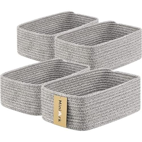 Small Storage Baskets for Organizing | Closet Organizer Bins | Shelf Toy Basket | Woven Rope Baskets | Cube Decorative Box | Shallow Basket | 11.5x7.5x4.7” | 4 Packs Mixed Grey