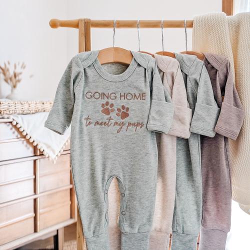 Custom Embroidered 'Going Home to Meet My Pups' Romper: Newborn Baby Outfit with Pet Name