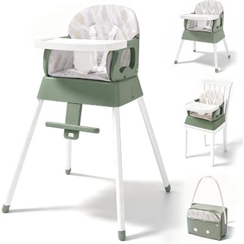 5 in 1 Foldable Baby High Chair,Convertible Highchair for Babies and Toddlers-Portable Infant Booster Seat,Foldable Dining Chair,Toddler High Chair with 5-Point Harness,Removable Tray (Green)