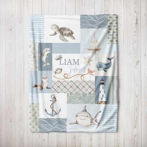 Nautical Blanket, Sea Animals Blanket, Minky Blanket Sailor Ocean, Ocean Nursery Decor, Sea Animals Nautical Baby Shower, Sea Turtle Blanket