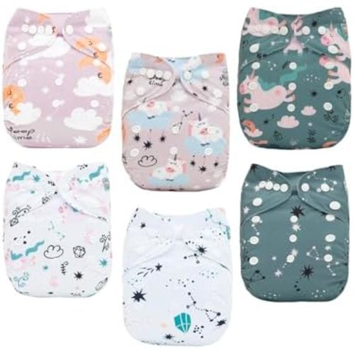 ALVA Baby Cloth Diaper Covers Adjustable Reusable Washable 6 pcs&12 Inserts