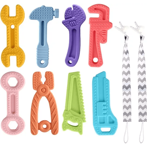 8 Pack Chew Baby Teething Toys for 0-12 Months, Freezable BPA Free Silicone Baby Molar Teether Chew Toys, Hammer Wrench Spanner Pliers Hand Saw Shape Baby Girl's Boy Car Seat Toy