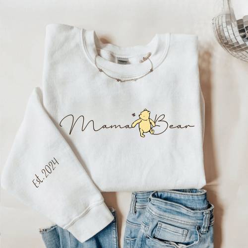 Personalized Year Mama Bear Sweatshirt Winnie the Pooh Sleeve Print Sweater Custom Pregnancy Gift New Mom Pregnancy Crewneck Future Mom Gift