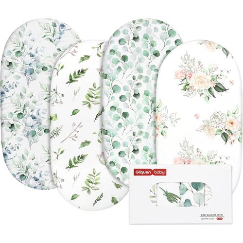 Gllquen Baby Bassinet Sheets 4 Pack, Breathable Cozy Fitted Mattress Sheet, Elastic Travel Crib Fashionable Floral Pattern, Standard Cradle Safe Sheets for Baby Boys Girls 32"x16"(Greenery)