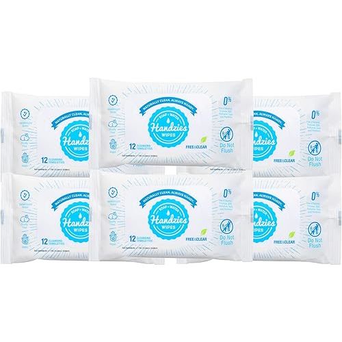 Handzies Natural Soap and Water Cleansing Towelettes- Free&Clear- 12ct Travel Pack- Bundle of 6 (72 total towelettes)