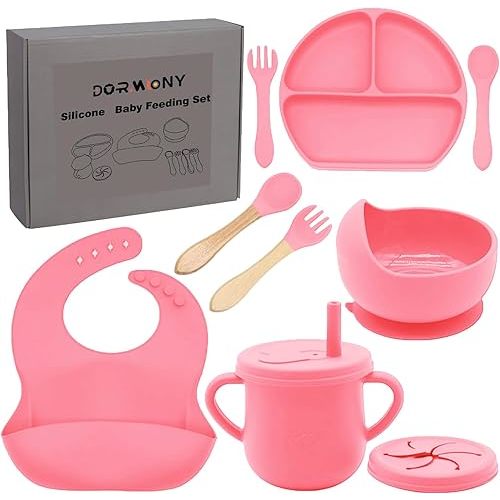100% Silicone baby feeding set,BPA free Baby dishes set with Suction Bowl Divided Plate,Toddler Self Feeding Dish Set with Spoons Forks Sippy Cup And Bib, Baby Eating Utensils (Hot Pink)