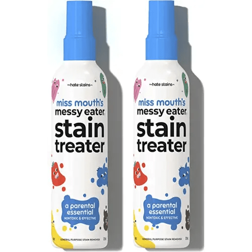HATE STAINS CO Stain Remover for Clothes - 4oz 2 Pack of Newborn & Baby Essentials - Miss Mouth's Messy Eater Stain Treater Spray - No Dry Cleaning Food, Grease, Coffee Off Laundry, Underwear, Fabric - 2 Pack - 4oz Spray Bottles