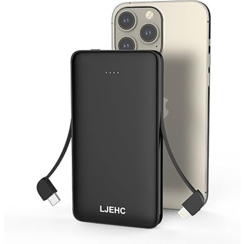 10000mAh Slim Power Bank with Built in Cable,Thin Lightweight Portable Phone Charger,4 Output USB C Travel Essentials External Battery Pack Clutch Charger for iPhone,Samsung,Android,Heated Vest,Black