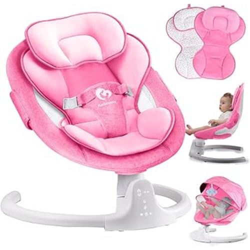 Bluetooth Baby Swing for Infants, mecedora eléctrica para Bebe, 3 Seat Positions, 5 Swing Speed, 10 Music, Remote Control, USB Plug-in Power, Reversible Cushion, Compact & Portable, Pink, Girl