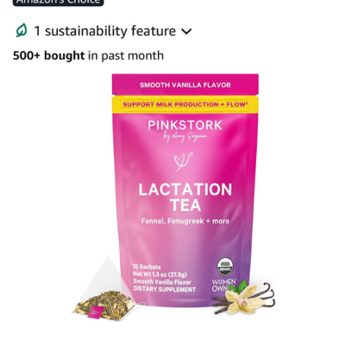 Pink Stork Organic Lactation Tea – Fenugreek, Fennel, Milk Thistle + More – Support for Breastfeeding, Pumping, Hydration, Milk Flow – Smooth Vanilla – 15 Sachets, Caffeine-Free
