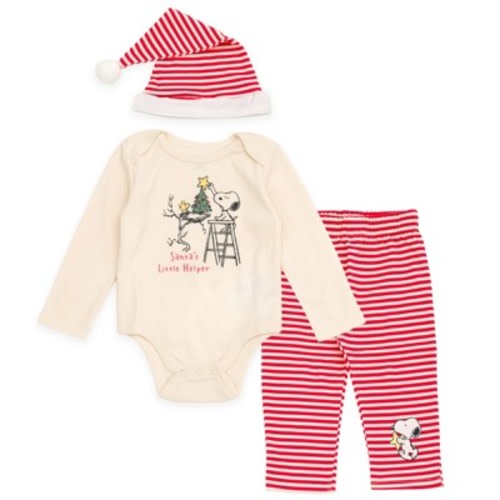 PEANUTS Snoopy Christmas Newborn Baby Boys Bodysuit, Pants and Velour Santa Hat 3 Piece Outfit Set Cream Beige / Red 0-3 Months