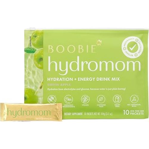 Boobie Hydromom Superfood Electrolyte Drink Mix, Green Apple | Refreshing Energy & Hydration Boost for Mamas | On-The-Go & Travel Essentials for Pregnancy, Lactation, & Beyond, 10 Packets