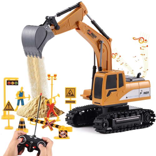 Anpro Remote Control Excavator for Kids, 6 Channel Rechargeable RC Truck Excavator Construction Vehicle, Navvy Toys with Metal Shovel Lights Sounds for Boys Girls Gifts