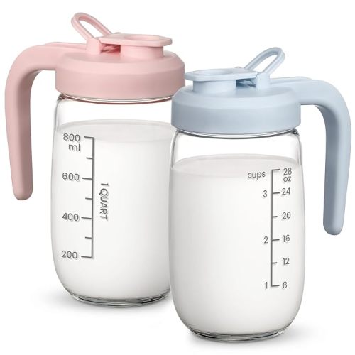 2 Pack Breast Milk Pitcher 32 OZ, Heat & Cold Resistant, Sudden Temperature Safe, Fast Baby Formula Maker with Wide Mouth, No Leak Glass Fridge Storage Container for Juice, Cold Brew-Blue, Pink