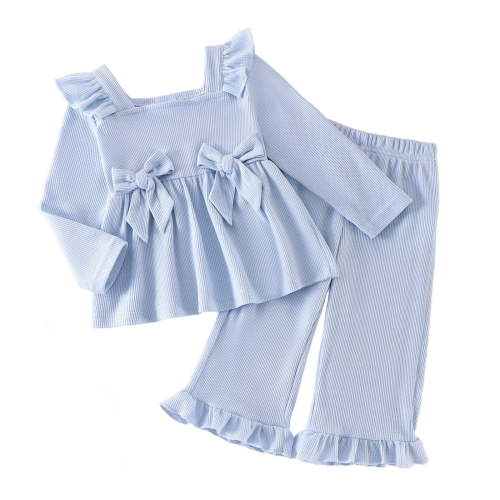 Staki Baby Girl Clothes Toddler Fall Winter Outfits Ruffle Long Sleeve Bow Top Flared Pants Set Bell Bottom Clothing 12M-5T(Blue,3-4 Years)