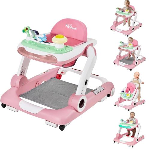 Baby Walker with Wheels, 5 in 1 Walker for Baby Boy Girl 6-12 Months with Bouncer, Music and Lights Baby Jumper Activity Center, Adjustable Height Speed, Push Walker for Ages 6-18 Months Toddler