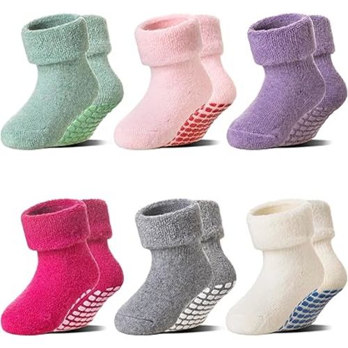 6 Pairs Baby Boy Girl Non Slip Socks Child Toddler Winter Thick Soft Wool Kids Warm Socks with Grips