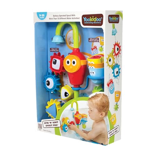 Yookidoo Bay Bath Toddler Toys (Ages 1-3) - 3 Stackable Cups, Spinning Gears, Hose & Spout for Water Play - Mold Free - Suction Cups Attach to Any Bath Tub or Shower - Spin N Sort Spout Pro