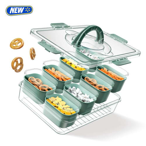 Cook With Color 8-Compartment Snackle Box, Charcuterie and Snack Container, Divided Serving Tray with Lids and Handle, Dishwasher Safe, Sage