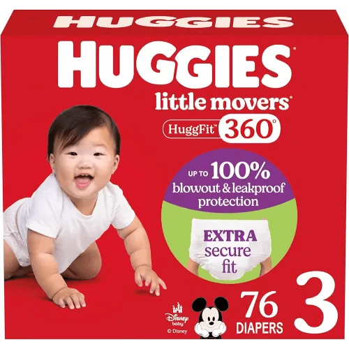 Huggies Size 3 Baby Diapers, Little Movers HuggFit 360° Baby Diapers with 360° Waistband, Size 3 (16-28 lbs), 76 Count, Packaging May Vary