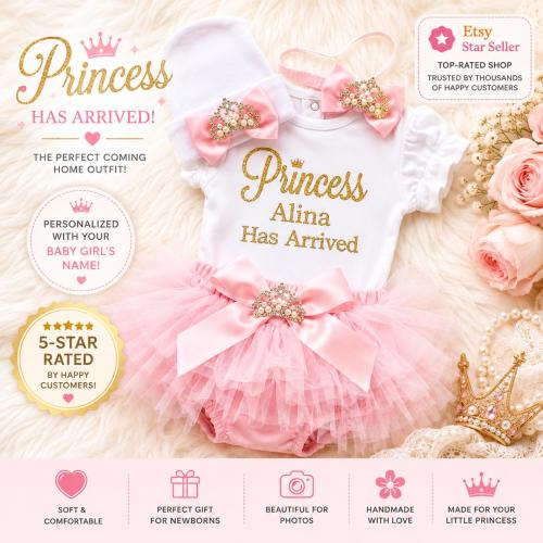Newborn Princess Coming Home Outfit – Gold Glitter Bodysuit Set with Bloomers, Hat & Headband