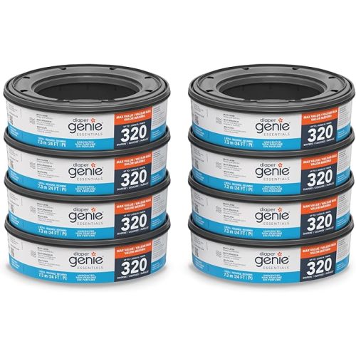 Diaper Genie Essentials Round Refill 8-Pack | Holds Up to 2560 Newborn Diapers | Features Unscented Continuous Film | Compatible with Diaper Genie Complete and Expressions Pails,8 Count (Pack of 1)