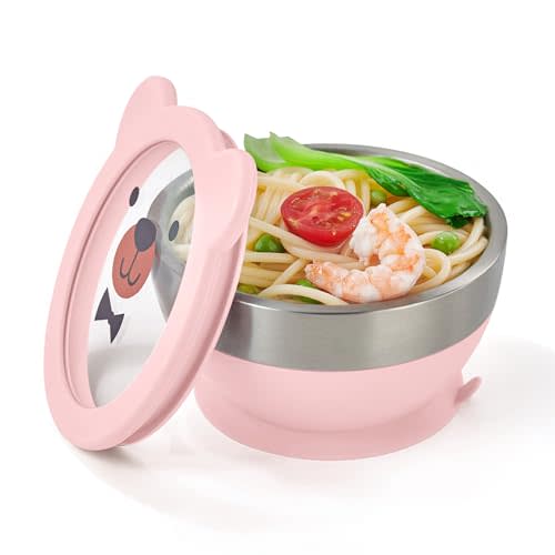 Suction Bowl and Spoon Set for Babies and Toddlers Non-Slip Silicone Suction Cups, Advanced 304 Stainless Steel Bowls, Double-Layer Insulation, and BPA-Free Lids Food-Grade Safety PINK