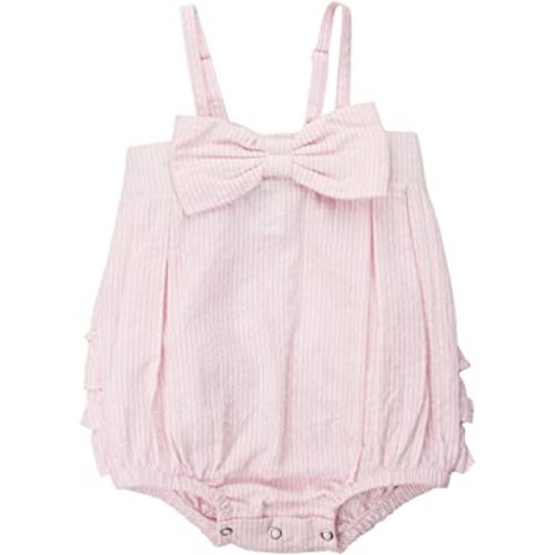 RuffleButts Baby/Toddler Girls Pink Striped Seersucker Bubble Romper w/Bow - 6-12m