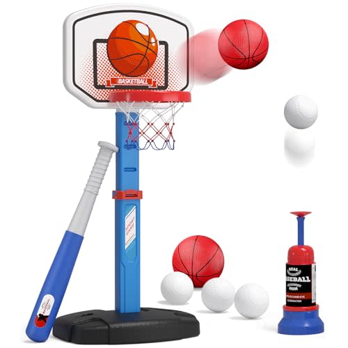 HYES 2 in 1 Kids Basketball Hoop and T Ball Set - Adjustable Height, Kids Baseball Tee with Automatic Pitching Machine, Indoor Outdoor Sport Toys Gifts for Toddler Boys Girls Age 1-5, Blue