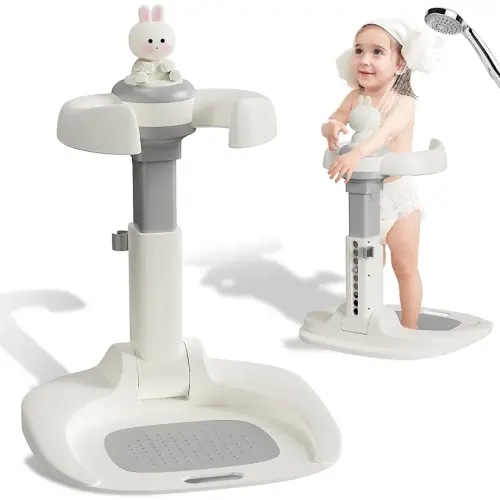 Jfxgjuv Adjustable Baby Shower Stand with Anti-Slip Base, Baby Bath With Stand, 6-36 Months Toddler Shower Standing Support, Bath Shower Standing Support, Easy Setup, Safe Design (Upgraded-Rabbit)