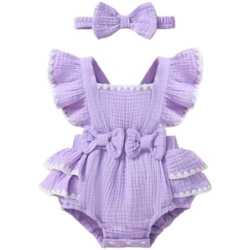 Baby Girl Summer Clothes Ruffle Sleeve Cotton Linen Romper Dress Infant Girls Lace Trim Bodysuit with Headband