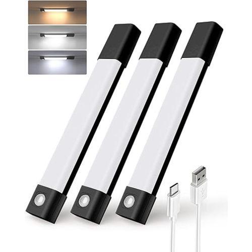EZVALO Under Cabinet Lighting, Wireless Closet Lights, 30 LED Rechargeable Motion Sensor Light, Dimmable, 3 Color Temperatures, Counter Lights for Kitchen, Pantry, Bedroom, Wardrobe(3 Pack, Black)