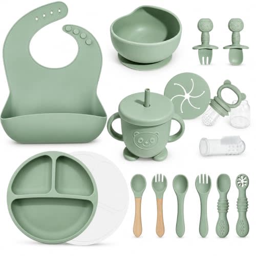 Silicone Baby Feeding Utensils Set for 6+ Months, 17 Pcs, Green | Baby Led Weaning Supplies with Suction Plates & Bowls, Adjustable Bib, Spoon & Fork, Sippy Cup, Fruit Feeder, Finger Brush