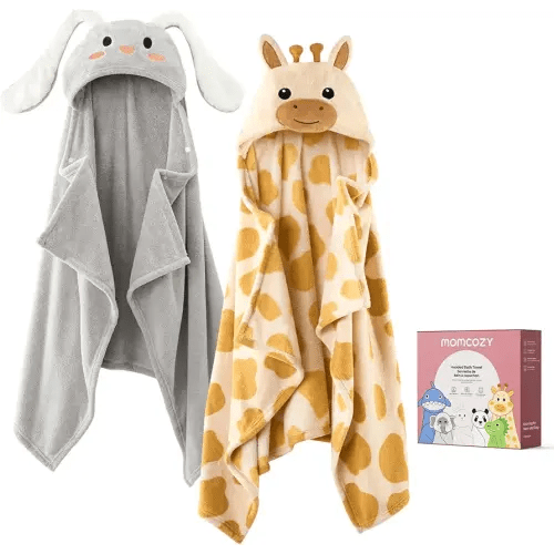Momcozy Baby Bath Towels with Visualize Health Label - Ultra Soft & Absorbent Coral Fleece Hooded Towels for Newborn, Infant, Toddler (0-36 Months) Bath Essentials (Large Size,2 Pack)