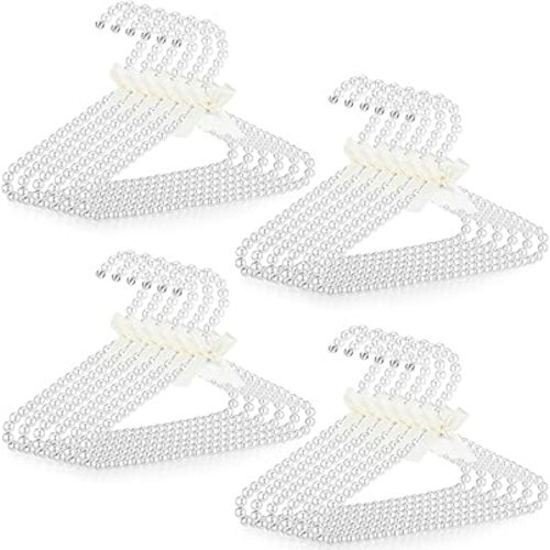 Threan White 24 Pcs Pearl Beaded Clothes Hanger Mini Pearl Beads Small Metal Clothes Hangers with Ribbon Standard for Kids Baby Children Pet Dog