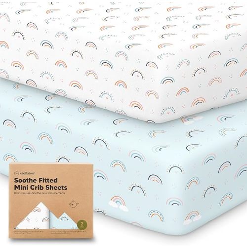 2-Pack Mini Crib Sheets Fitted - 38x26 Pack N Play Sheets for Pack and Play Mattress, Organic Cotton, Soft & Breathable Playard Bedding, Neutral Mini Toddler Bed Cover for Boys, Girls (Jolly Rainbow)