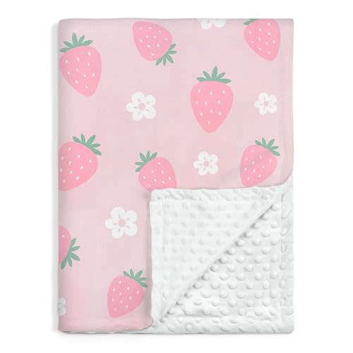 Strawberry Minky Baby Blanket 30 x 40 Inches for Girls, Soft Plush Receiving Blanket with Dotted Back, Gift for Toddler Newborn Infant Christmas Birthday Baby Shower